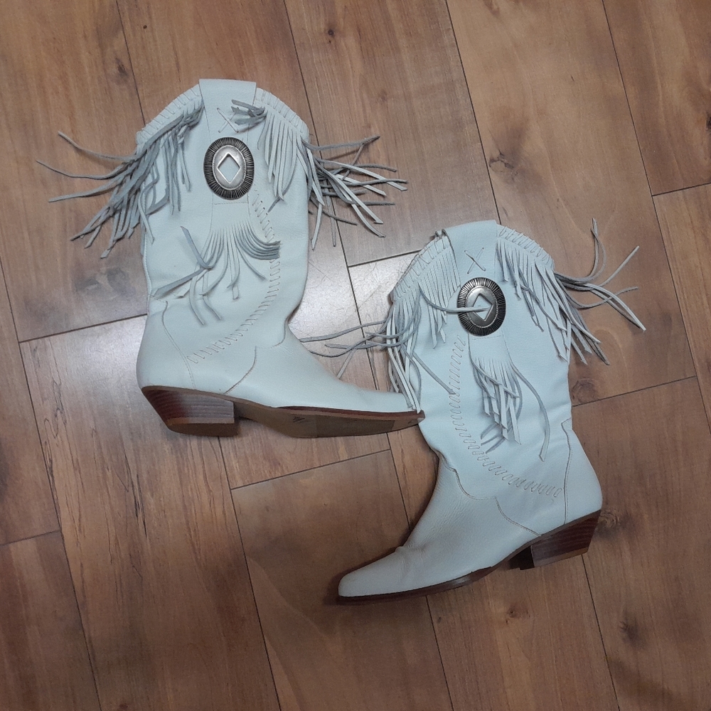 Tonka Fringed White Leather Western Cowboy Boots Size 7 Vintage SEE DESCRIPTION